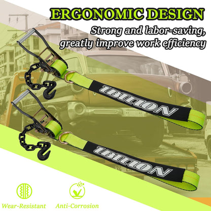 4 Pack Car Tie Down Straps for Trailers with Heavy Duty Chain Anchors 2" x 96" - 3,300 lbs Safe Working Load -Adjustable Wheel Straps with Chain Hook Anchors for Trailers.Orange