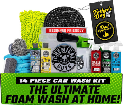 Chemical Guys Car Wash Kit 14-Pc Arsenal Builder - with Foam Blaster, Wash Bucket, Towels, Applicators, and 16 oz Soaps, Waxes, and Cleaners - Complete Car Detailing Gift Set, Works with Garden Hose