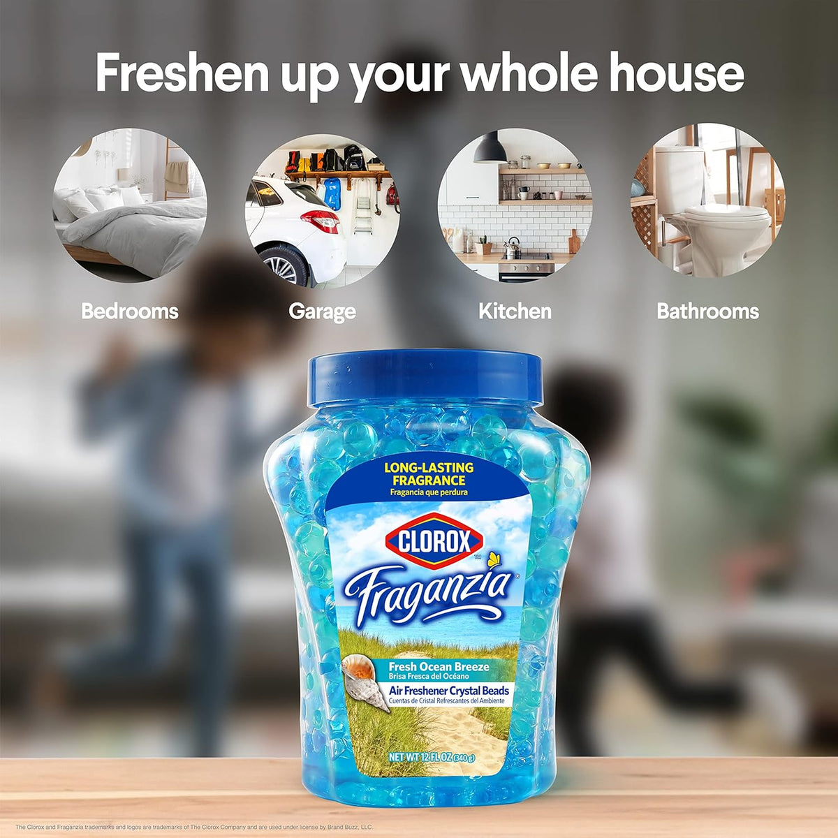 Clorox Fraganzia Crystal Beads Air Freshener, Long Lasting Room Deodorizer and Odor Eliminator Gel Beads to Freshen Home, Car, or Office, Fresh Ocean Breeze Scent, 12 Fl Oz