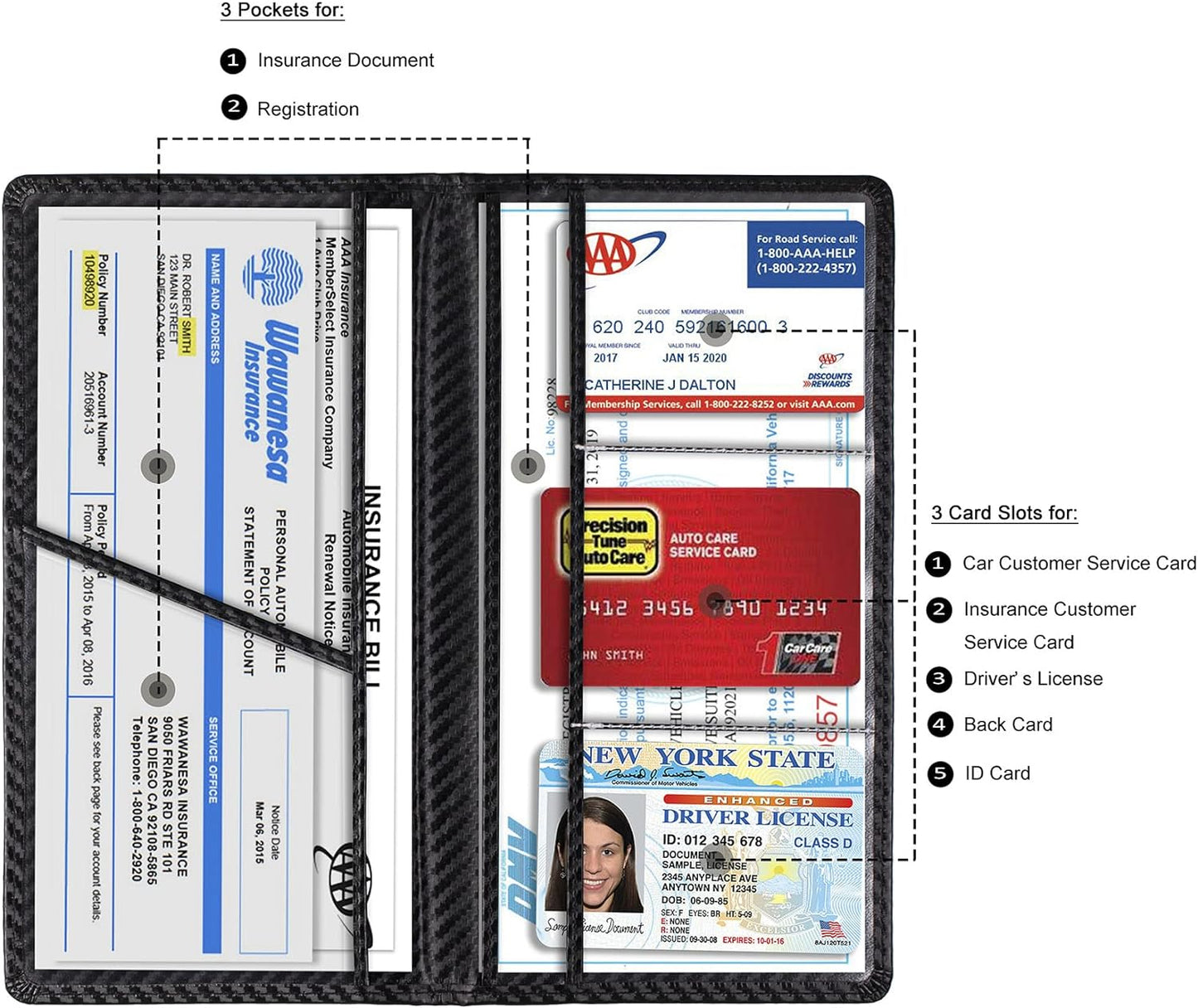 TOURSUIT Car Registration and Insurance Card Holder, Vehicle License Document Glove Box Compartment Organizer, Interior Car Accessories for Women Men (Carbon Fiber Black)
