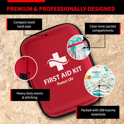Protect Life Doctor Developed Mini First Aid Kit, 100 Piece Waterproof Emergency Kit for Car, Boat, Camping & Travel, Includes Emergency Blanket, Tourniquet & First Aid Guide