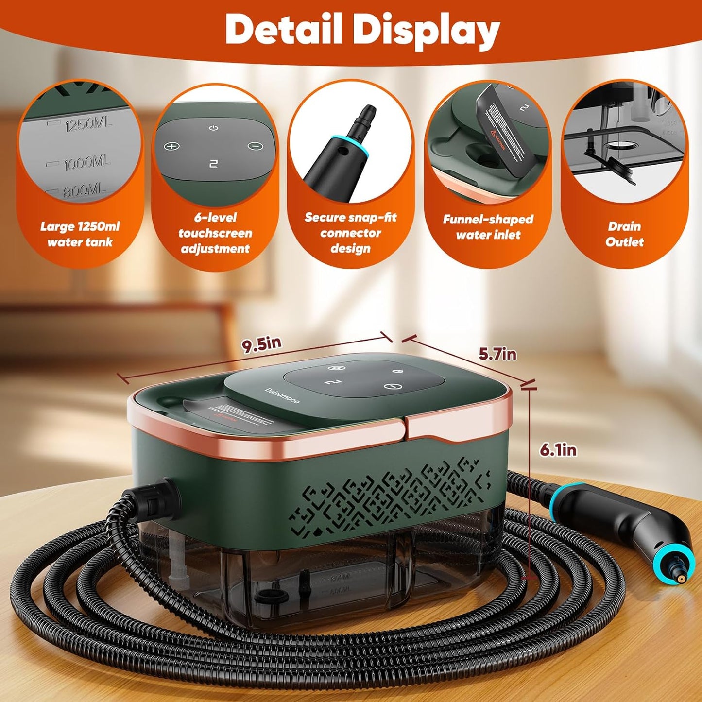 Steam Cleaner, 2500W Home Handheld Grout Steam Cleaning Machine with 1.32QT Transparent Tank & 10 Attachments for Range Hood, Stove, Tile, Upholstery, Car Detailing & More (Green/Gold)