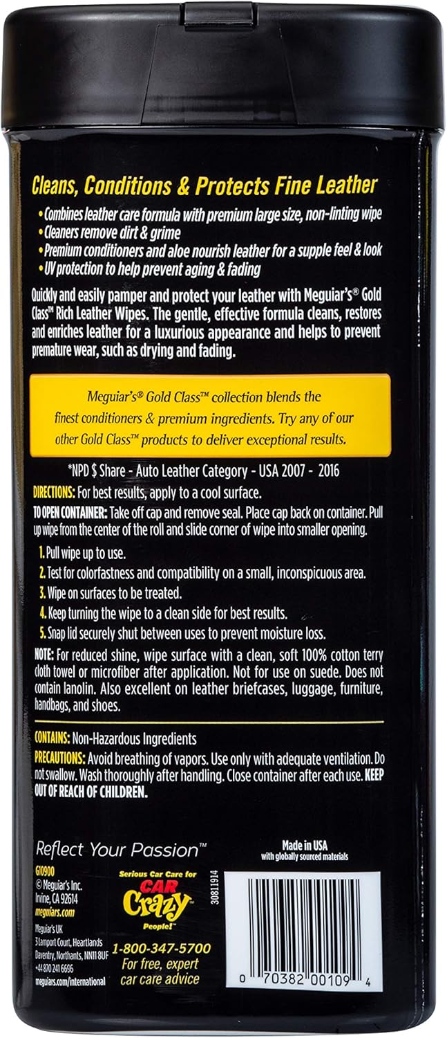 Meguiar’s Gold Class Rich Leather Wipes - Leather Car Cleaning Wipes that Offer Conditioning and UV Protection, Rich Moisturizers Help Prevent Leather From Drying Out and Cracking, 30 Wipes
