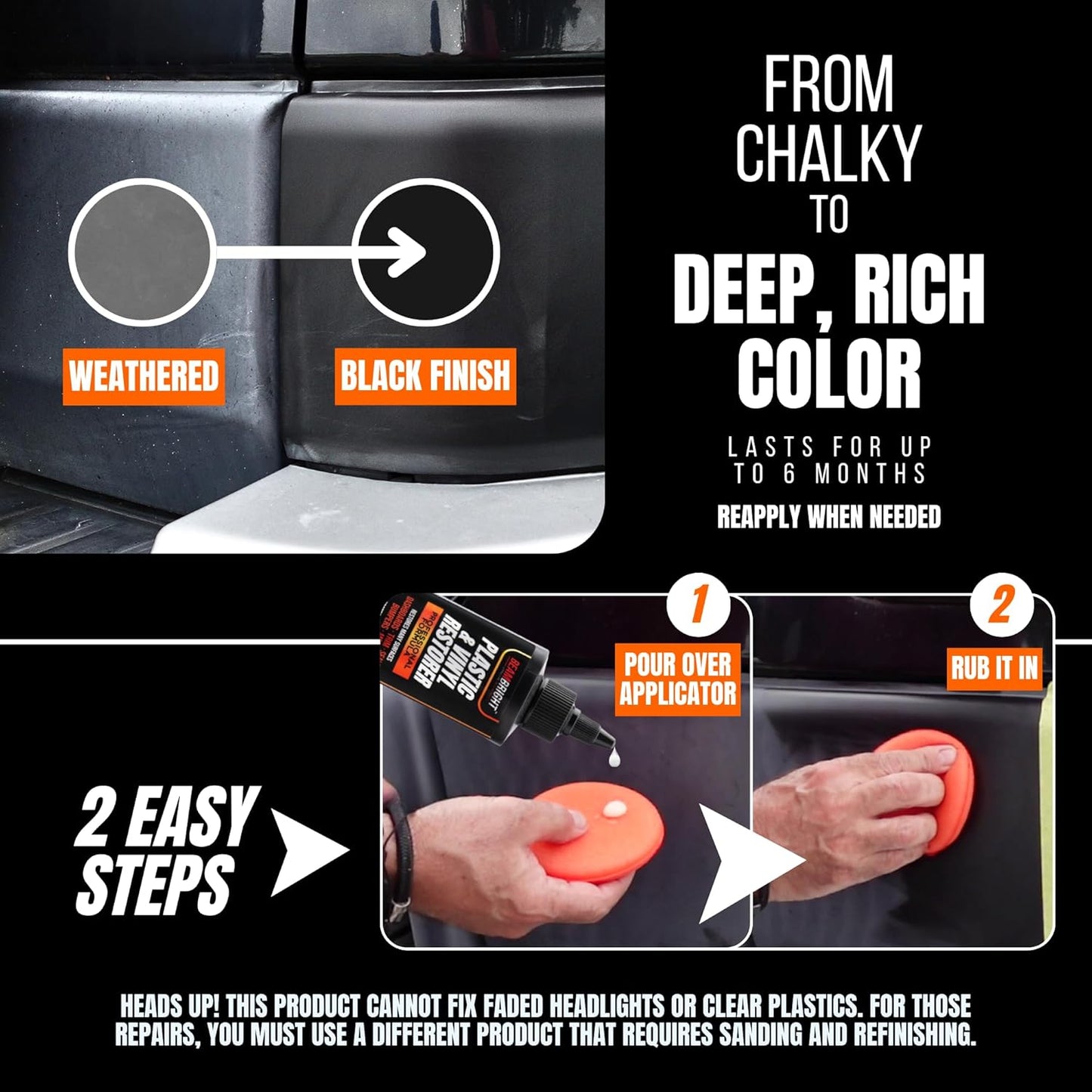 BEAM BRIGHT Plastic Trim Restorer – Dry, Non-Greasy for a True Natural Black Trim Finish for Severely Faded Car Trim & Vinyl. Long-Lasting UV Protection for Exterior & Interior Plastic – 8 oz