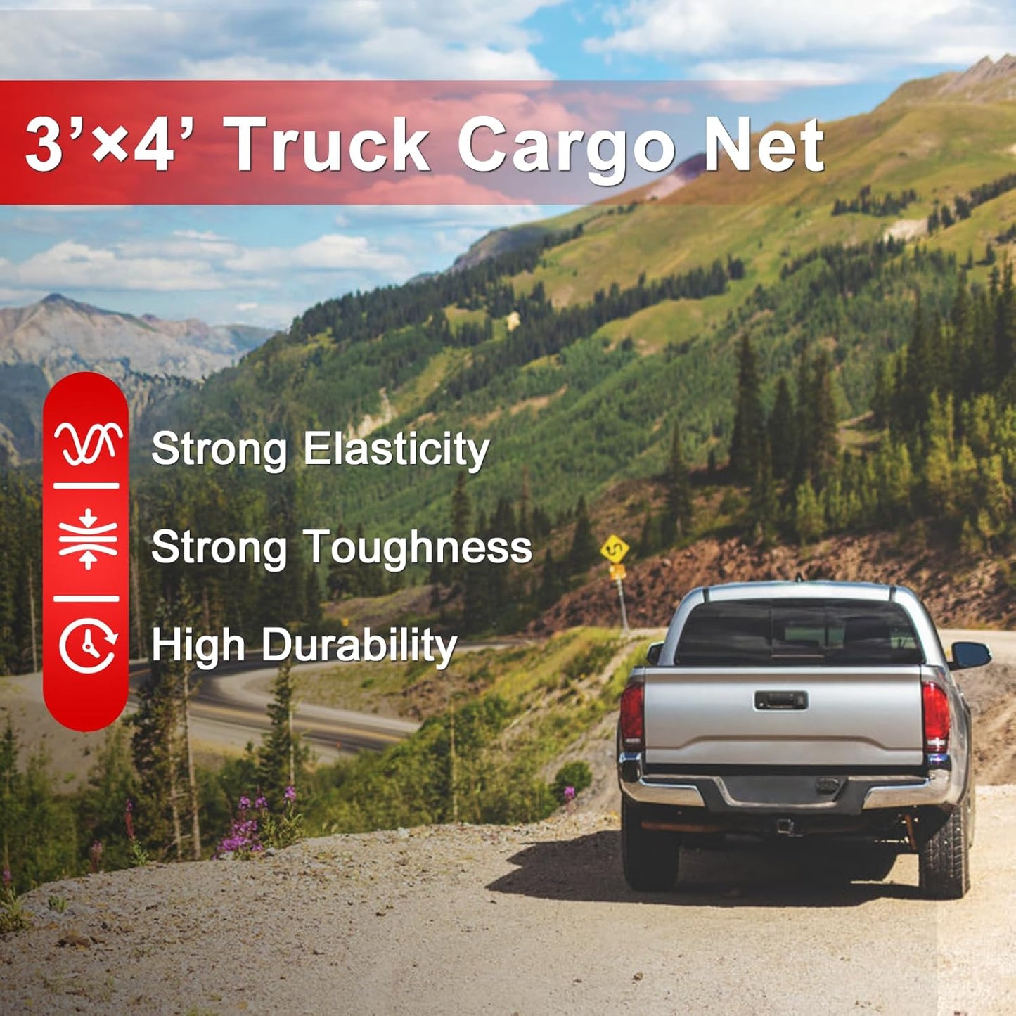 Cargo Net 4' x6' Stretches to 8' x 12' Truck Cargo Net for Pickup Truck Bed- Small 4"x4" Mesh Grid Super Duty Bungee Heavy Duty Bed Netting with 12 Adjustable Metal Carabiners by Cenipar