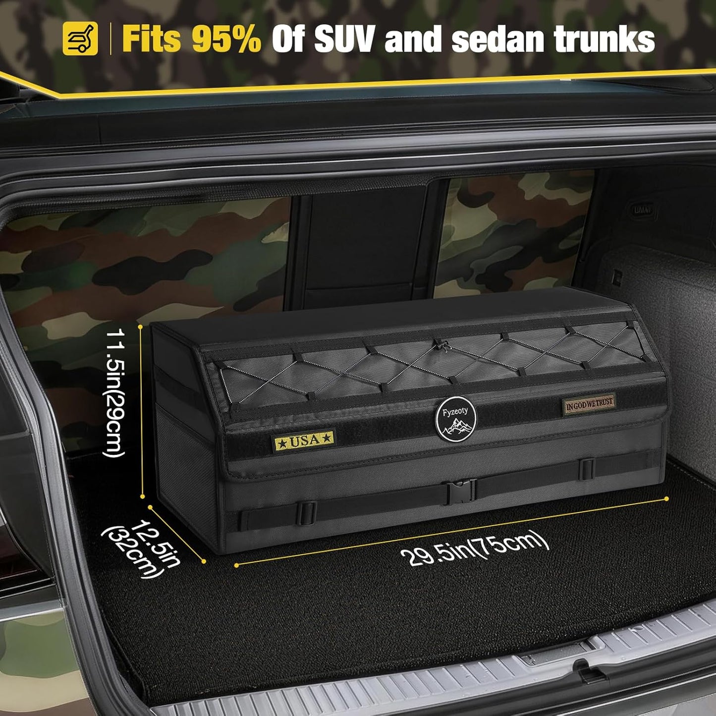 Fyzeoty Car Organizers for Trunk for Suv Sedan, Leather Storage Box,Magnetic Lid,Collapsible and Adjustable,16.5 inches