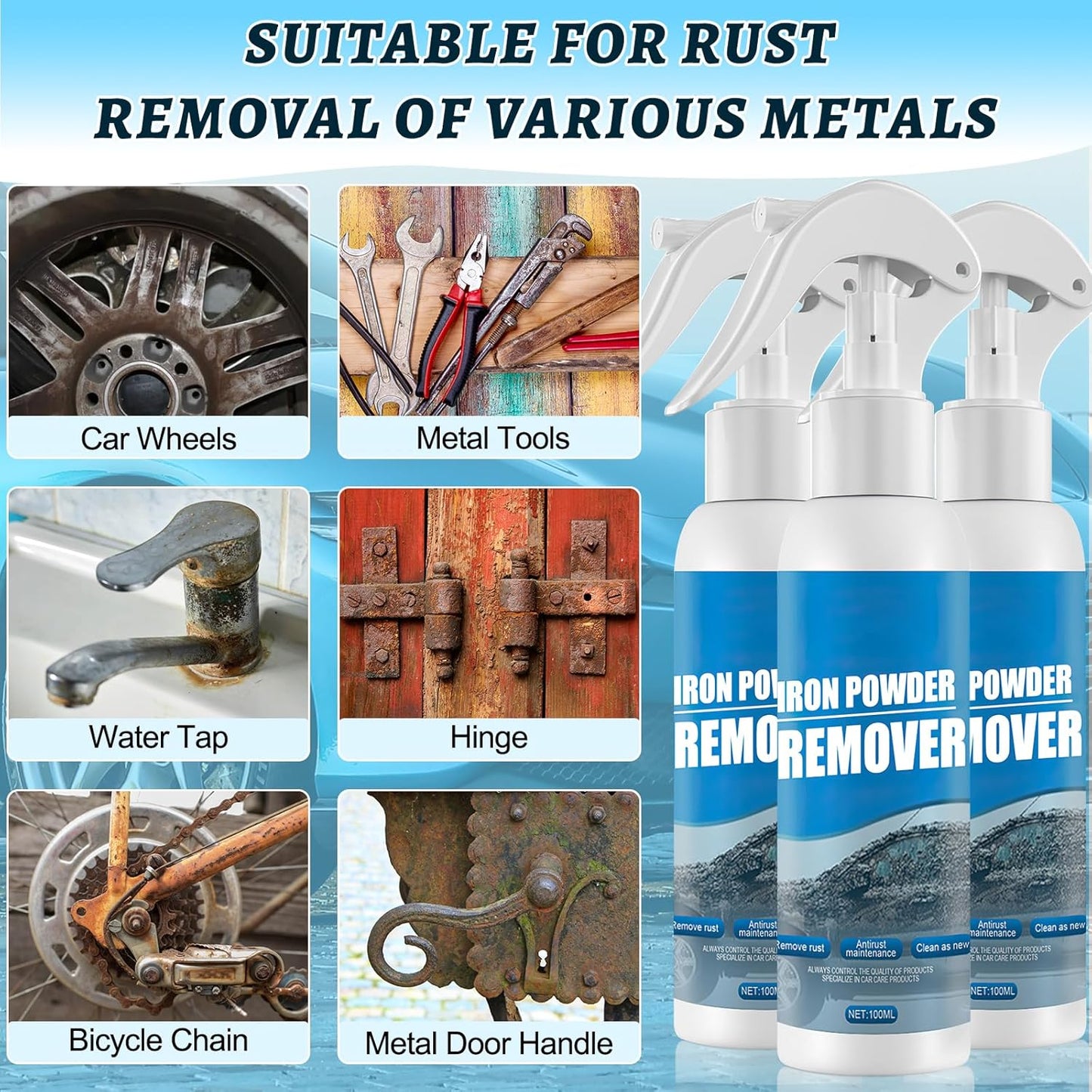 Car Rust Removal Spray,Iron Powder Remover,Rustout Instant Remover Spray,Multifunctional Paint Cleaner Car Maintenance Powder Spray Rust Remover Iron Cleaning,Iron Powder Remover for Car (3PCS*100ML)