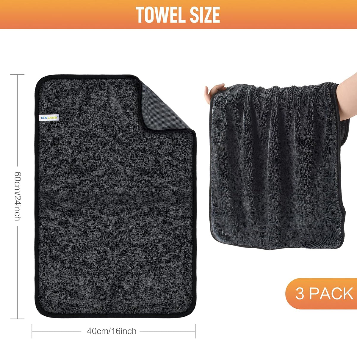 SINLAND Microfiber Car Drying Towels Ultra Absorbent,No Streaks,Scratches, or Water Spots,Wash Cleaning Auto Detailing Towels 380gsm 16inch x 24inch 6 Pack Grey