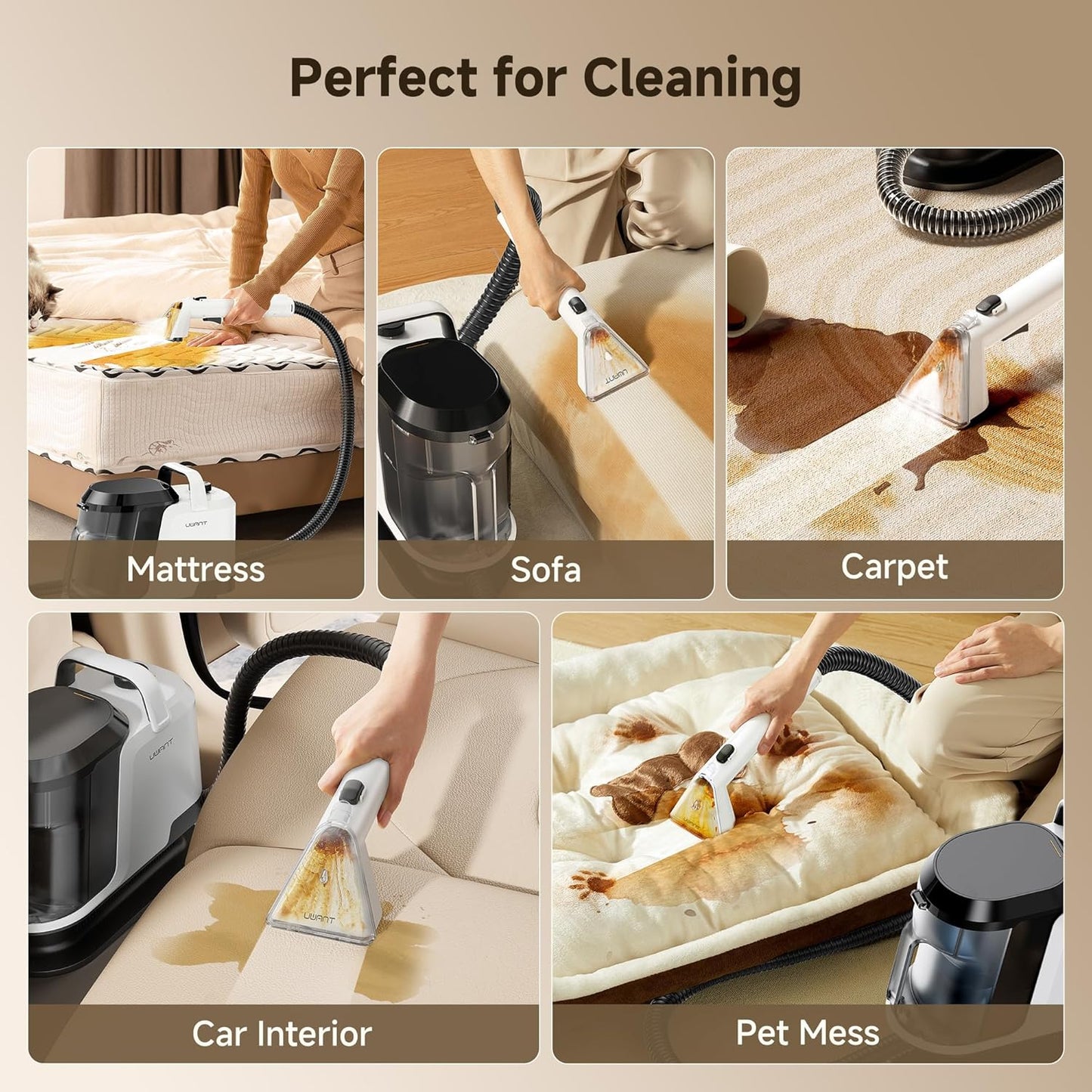 Uwant Portable Carpet and Upholstery for Deep Cleaner, 18Kpa Carpet Cleaner Machine for Cars, Pets with Pet Pro Solution and Self Cleaning Set of 1 for Spot, Rug, Couch