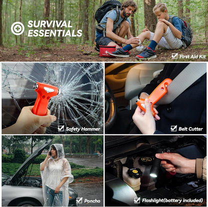 Car Emergency Safety Kit Bag with Digital Air Compressor,Jumper Cables,First Aid Kit, Winter Vehicle Roadside Safety Kit with Detachable Snow Shovel, for Women, Men, Teen