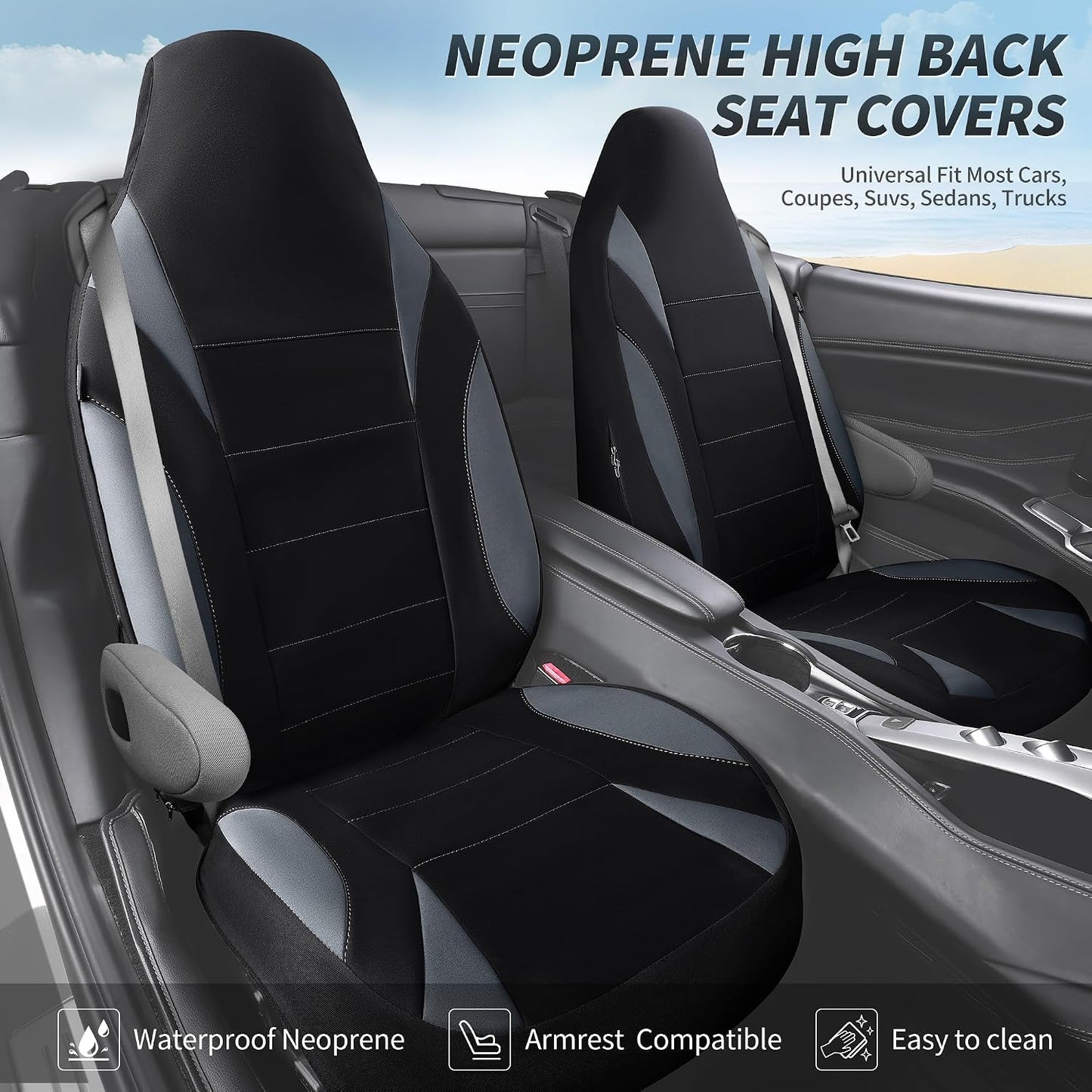 CAR PASS Waterproof Car Seat Covers Front Seats Only with 5mm Composite EVA, Neoprene Car Seat Cover with Separate Headrest Cover, Quick Setup Universal Fit for Car SUV Trucks,Airbag Compatible（Gray