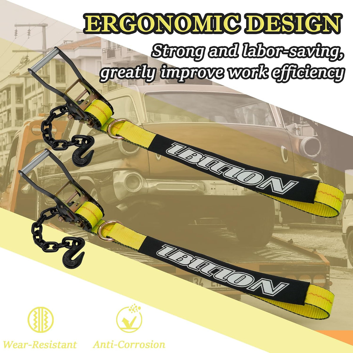 4 Pack Car Tie Down Straps for Trailers with Heavy Duty Chain Anchors 2" x 96" - 3,300 lbs Safe Working Load -Adjustable Wheel Straps with Chain Hook Anchors for Trailers.Orange