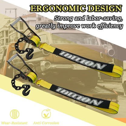 4 Pack Car Tie Down Straps for Trailers with Heavy Duty Chain Anchors 2" x 96" - 3,300 lbs Safe Working Load -Adjustable Wheel Straps with Chain Hook Anchors for Trailers.Orange