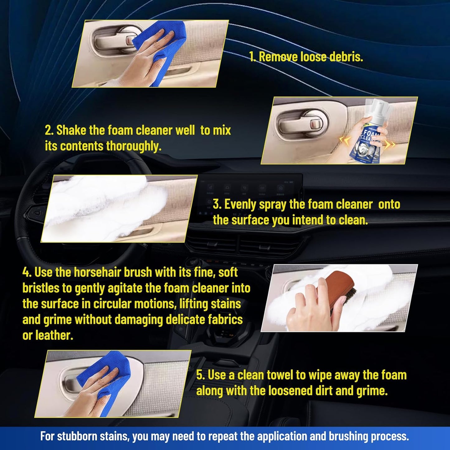 SHIELDOM Car Interior Cleaner Kit Multifunctional Car Seat Foam Cleaner Powerful Carpet Upholstery Stain Remover with Detailing Brush & Towel Safe for Cloth, Leather, Fabric, Vinyl & Plastic 5oz