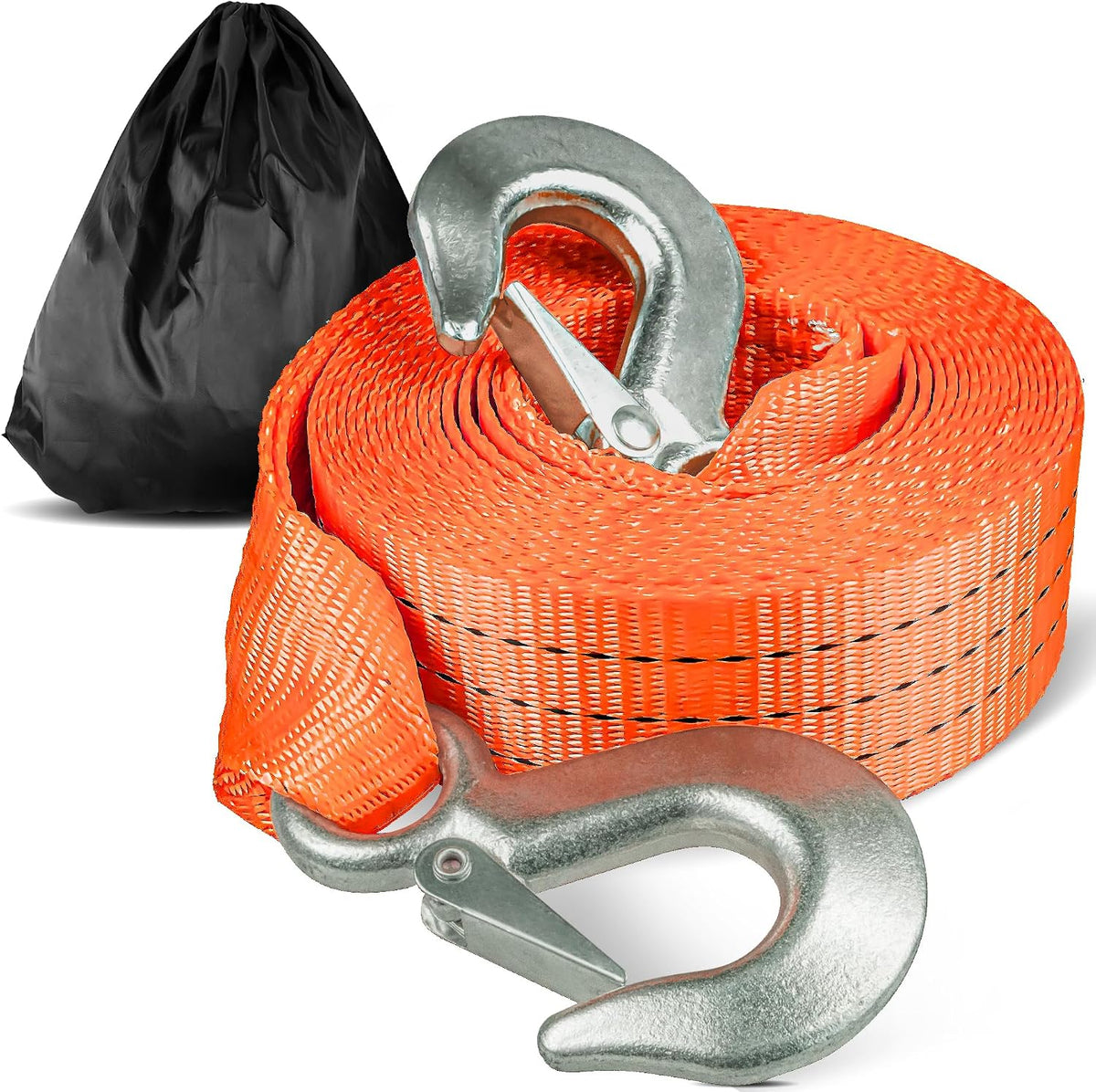 Tow Strap with Hooks 2”x20’ 15,000 LBS, Tow Rope Metal Safety Hooks, Car Heavy Duty Recovery Rope for Trailers, Securing Items, and Farm Cleaning