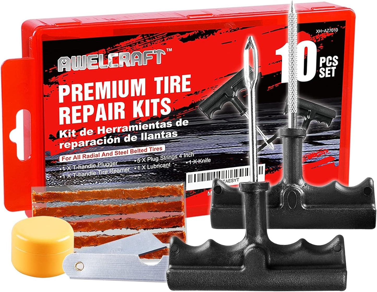AWELCRAFT 10-Piece Economical Tire Repair Kit – Flat Tire Plug Kit with T-Handle Tools, Storage Case – Fix Punctures Fast, No Tire Removal Needed – Ideal for Car, Truck, Motorcycle, ATV