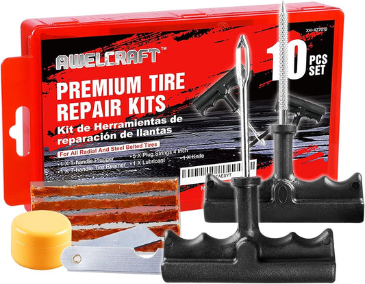 AWELCRAFT 10-Piece Economical Tire Repair Kit – Flat Tire Plug Kit with T-Handle Tools, Storage Case – Fix Punctures Fast, No Tire Removal Needed – Ideal for Car, Truck, Motorcycle, ATV