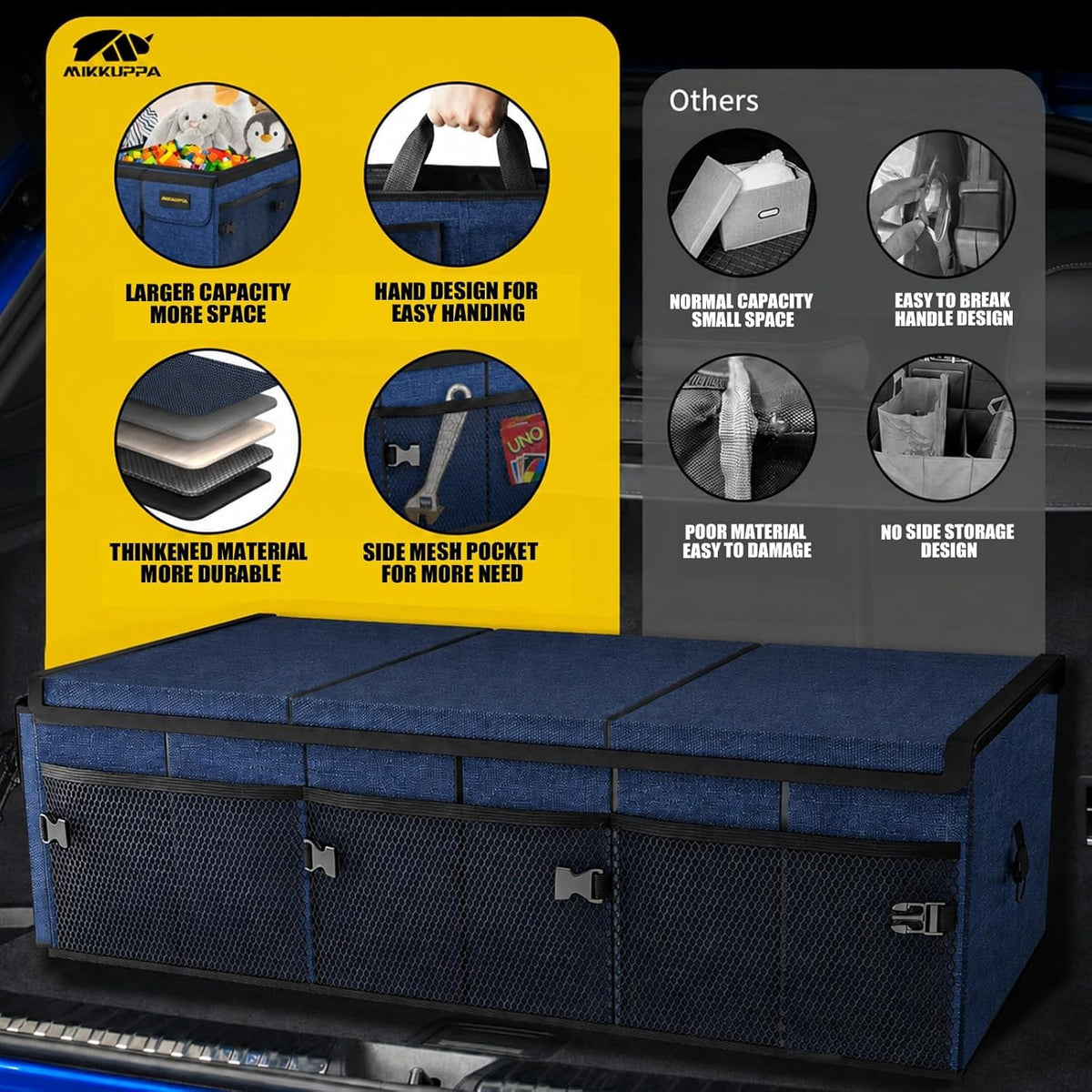 MIKKUPPA Car Trunk Organizer - 65L Collapsible Trunk Organizer with Lid, Sturdy Car Storage for SUV Auto Truck Van with Adjustable Straps and Non Slip Bottom (Black)