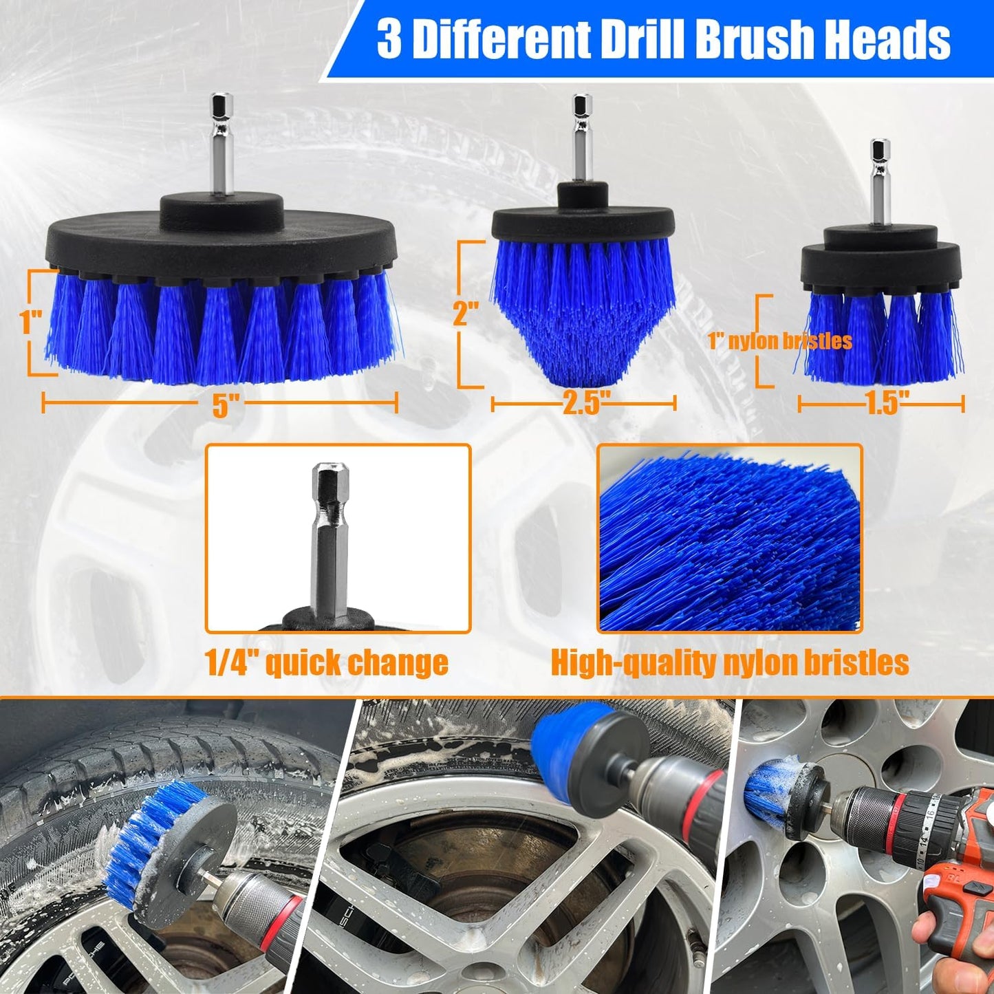 Car Wheel Brush Kit, Soft Drill Wheel Cleaner Brush, Tire Brush, Detailing Brush, and Detailing Pads, No Scratches Car Wheel Cleaning Kit for Wheels, Tires, Rims, Engines, Exhaust(Blue+White, 6 Pack)