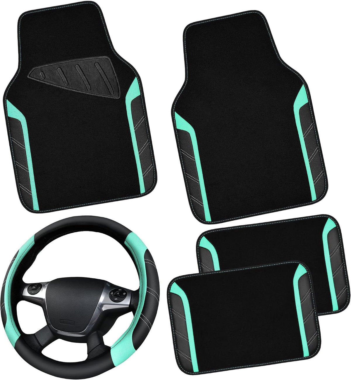 CAR PASS Air Mesh Leather Car Seat Covers Full Set, Waterproof Car Floor Mats, Sporty Steering Wheel Cover 14.5-15in, Universal Fits for 95% Cars Truck SUV (Black and Blue)