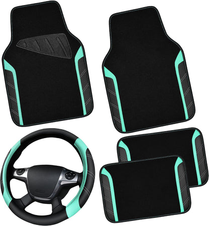 CAR PASS Air Mesh Leather Car Seat Covers Full Set, Waterproof Car Floor Mats, Sporty Steering Wheel Cover 14.5-15in, Universal Fits for 95% Cars Truck SUV (Black and Blue)