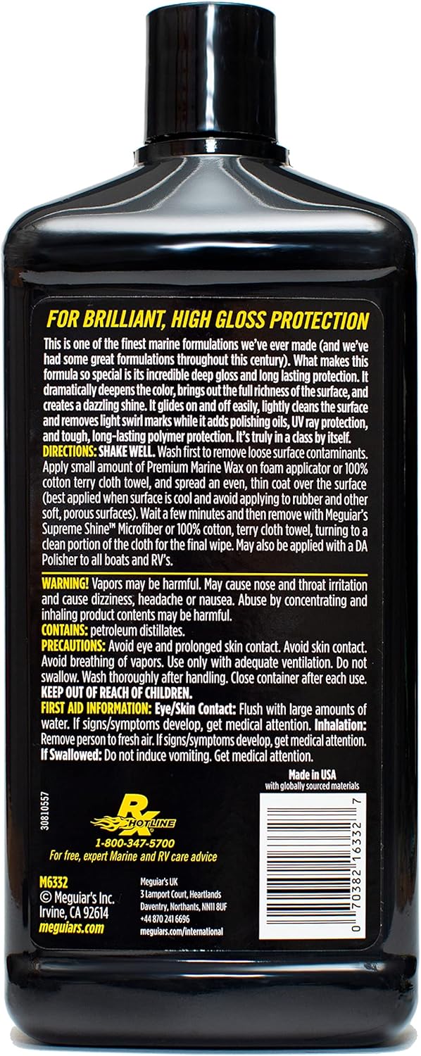 Meguiar's M6332 Flagship Premium Marine Wax, Easy to Use Boat Polish and Wax, Remove Scratches, Swirls, and Oxidation While Leaving Lasting Protection, 32 Oz Bottle