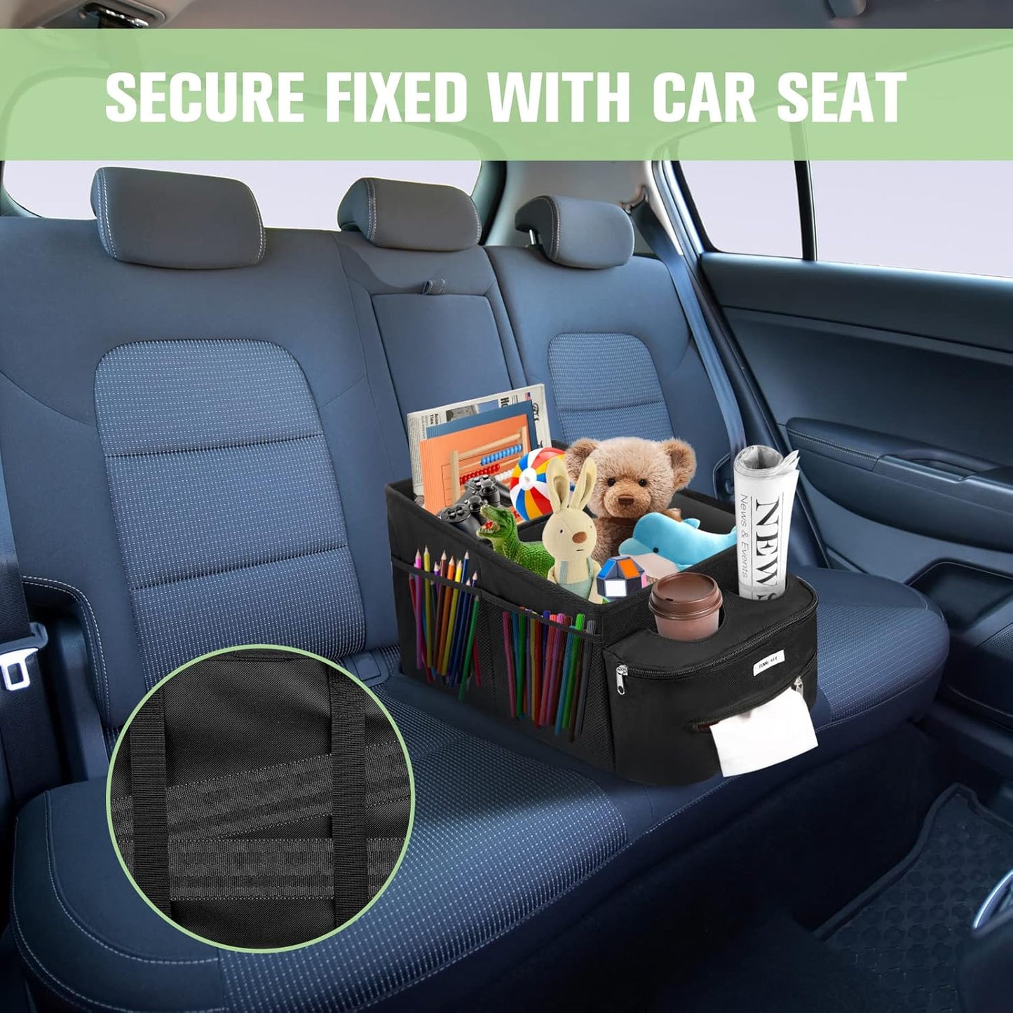 FUNNy elf Car Backseat Organizer for Cars, Collapsible Front Seat Organizer with 4 Cup Holders, Storage Pockets & Dividers, Passenger Seat Organizer for SUV, Truck, Sedan