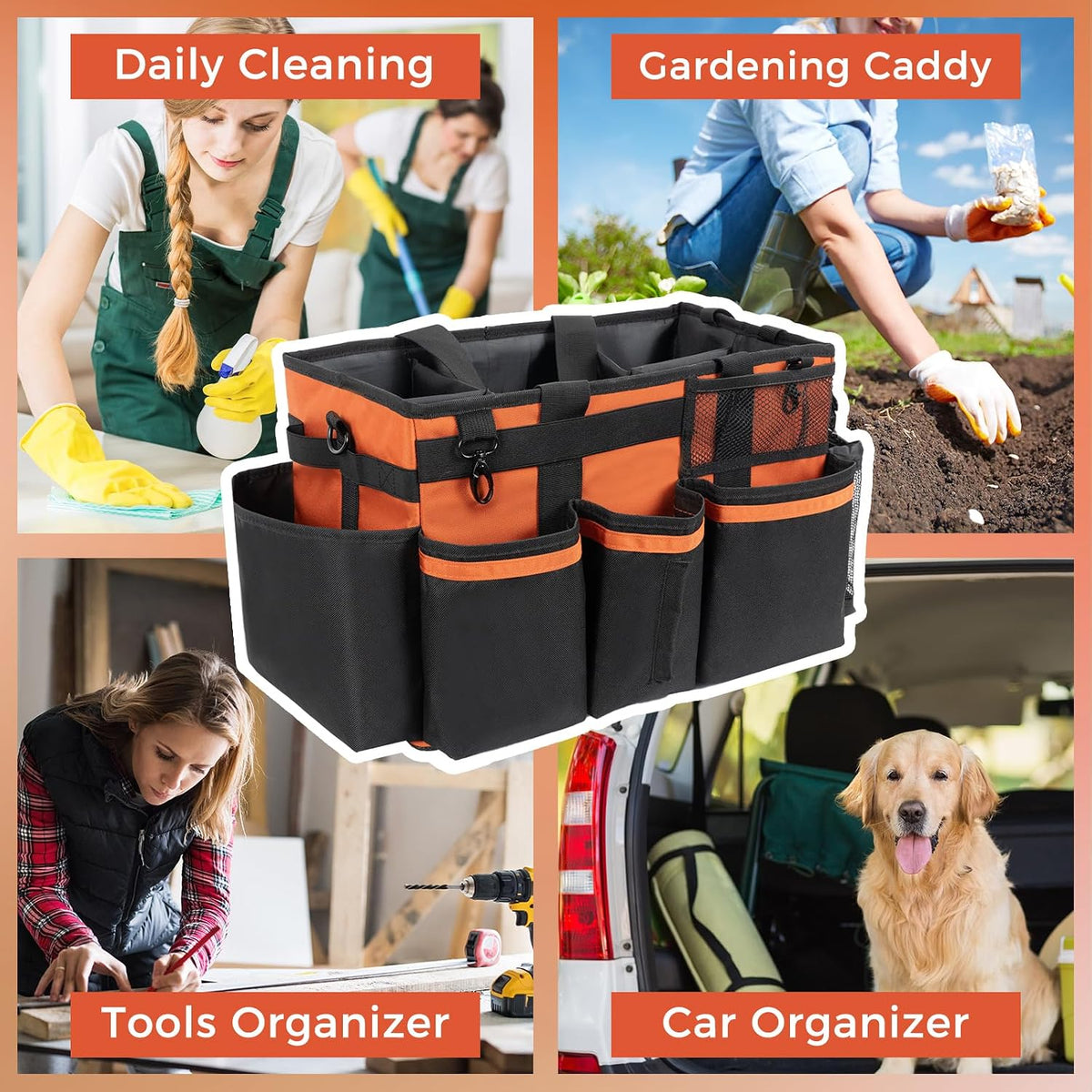 SCAVATA Wearable Cleaning Caddy Organizer with Handle & Shoulder Straps for Housekeepers, Under Sink & Car Cleaning Tool Organizer Bag with 4 Foldable Dividers (Green)