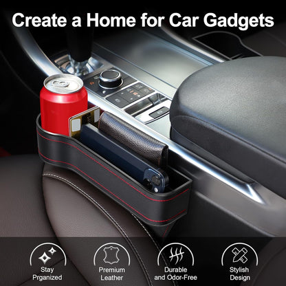 Car Seat Gap Filler, 2 Pack Car Seat Gap Filler Organizer with Cup Holders & 2 Seat Hooks, Car Console Storage Organizer, Car Organizer Front Seat for Storing Phones, Keys, Drinks, Sunglasses