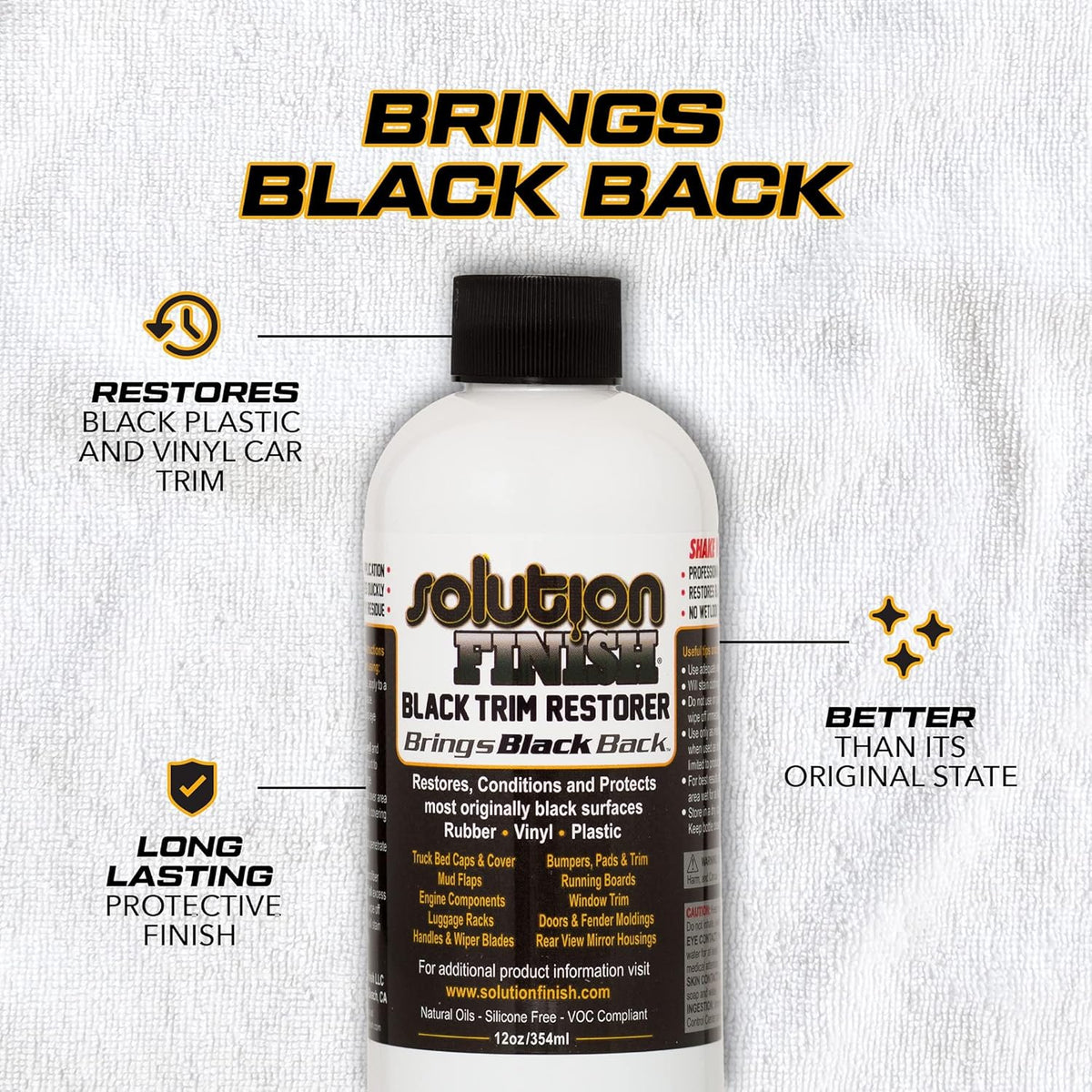 Solution Finish - Black Plastic & Vinyl Trim Restorer - Use for Car and Truck Detailing, No Wet Look, Instantly Revives Color to Trim, Bumpers, Mud Flaps, Etc., Black (12 oz)