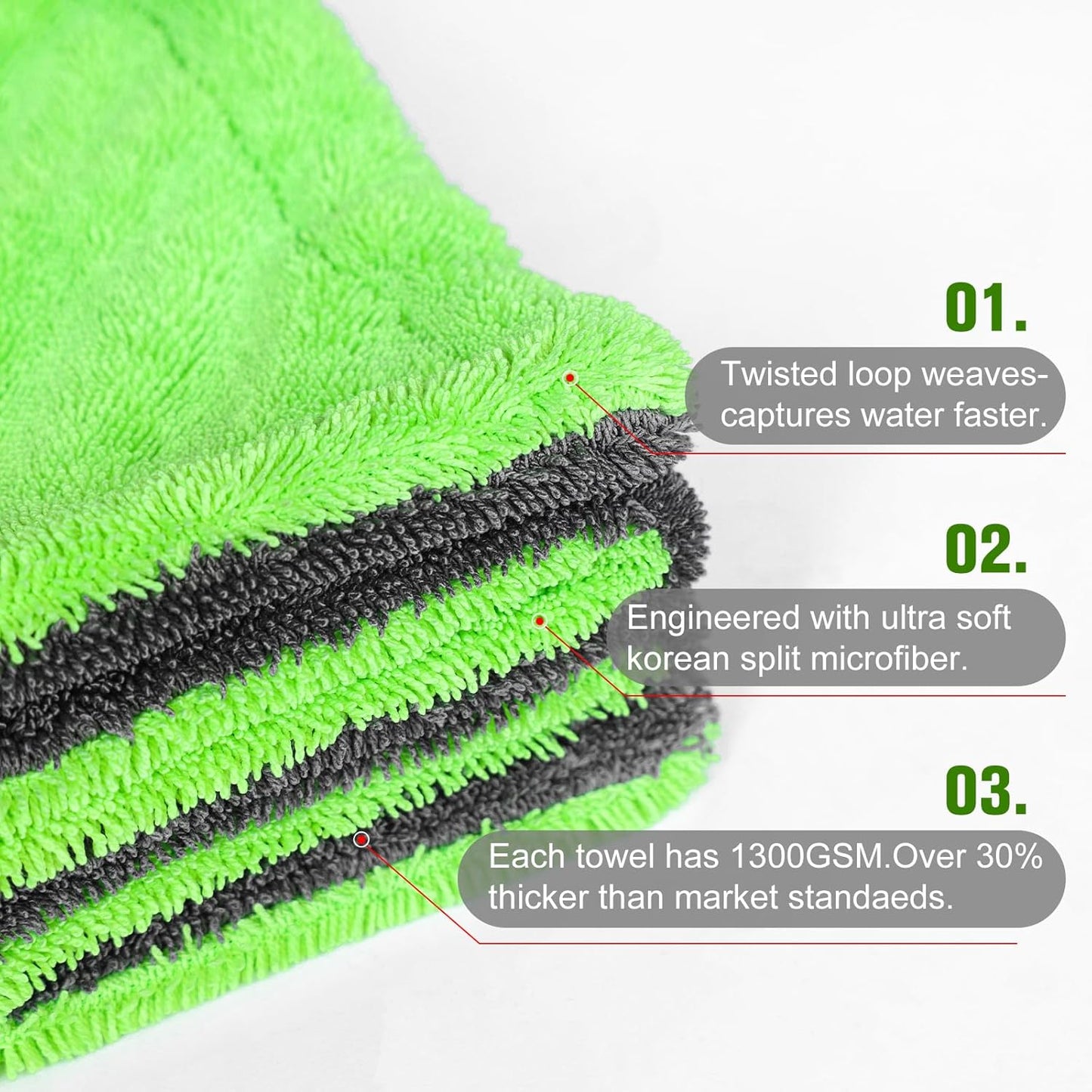 2 Pack XL Car Drying Towel – 1300GSM Ultra Absorbent Microfiber, 24"x36" Large Size, Twisted Loop, Lint-Free & Streak-Free for Auto Detailing, Car, SUV, Truck (Gray-Gray)