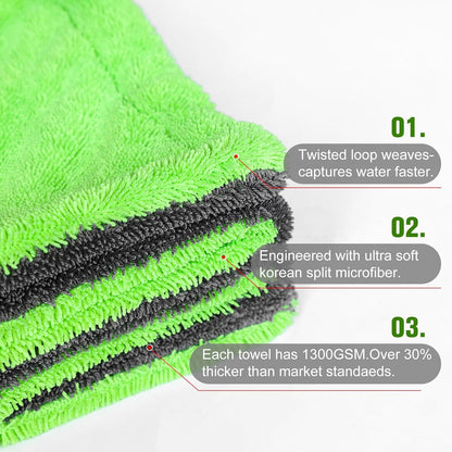 2 Pack XL Car Drying Towel – 1300GSM Ultra Absorbent Microfiber, 24"x36" Large Size, Twisted Loop, Lint-Free & Streak-Free for Auto Detailing, Car, SUV, Truck (Gray-Gray)