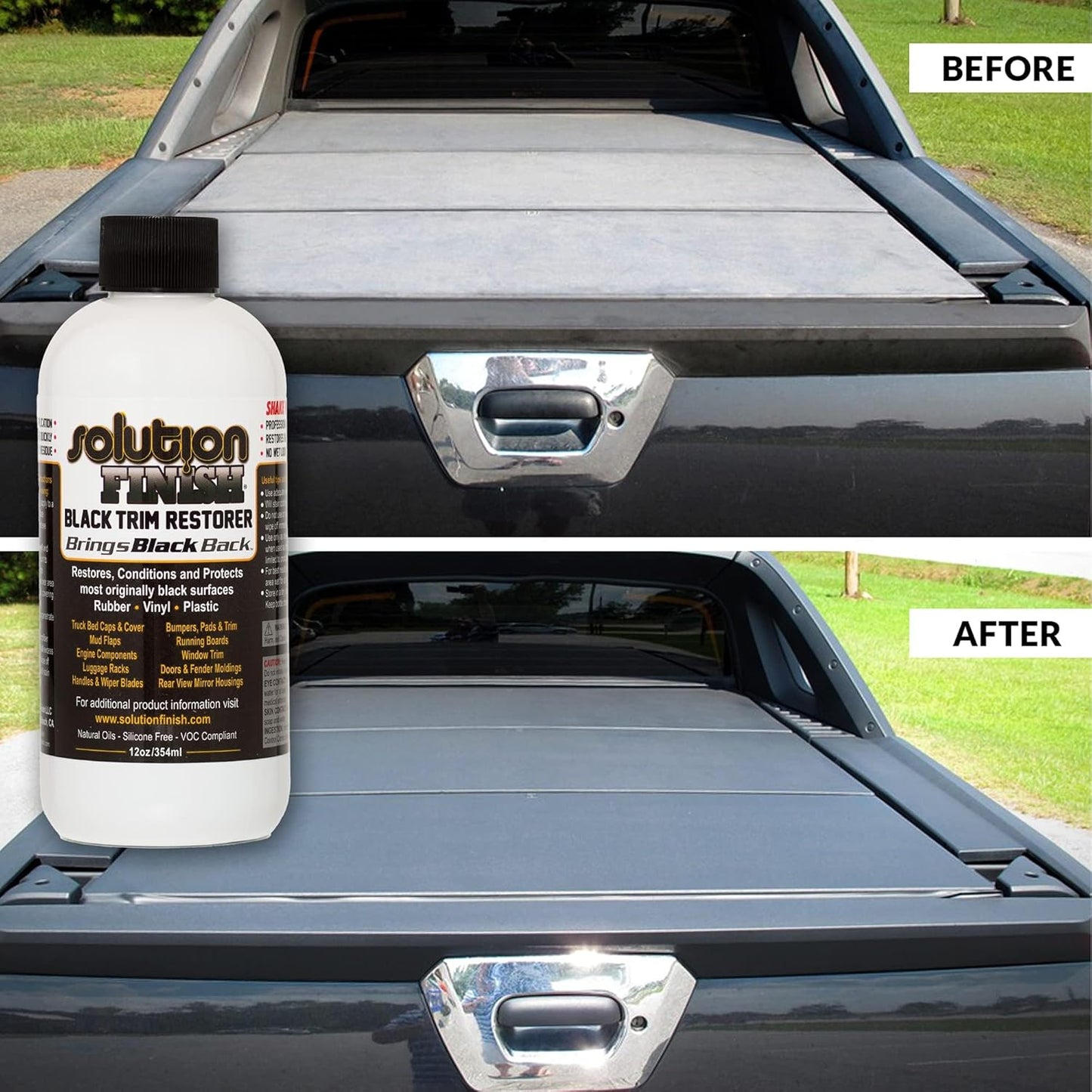 Solution Finish - Black Plastic & Vinyl Trim Restorer - Use for Car and Truck Detailing, No Wet Look, Instantly Revives Color to Trim, Bumpers, Mud Flaps, Etc., Black (12 oz)
