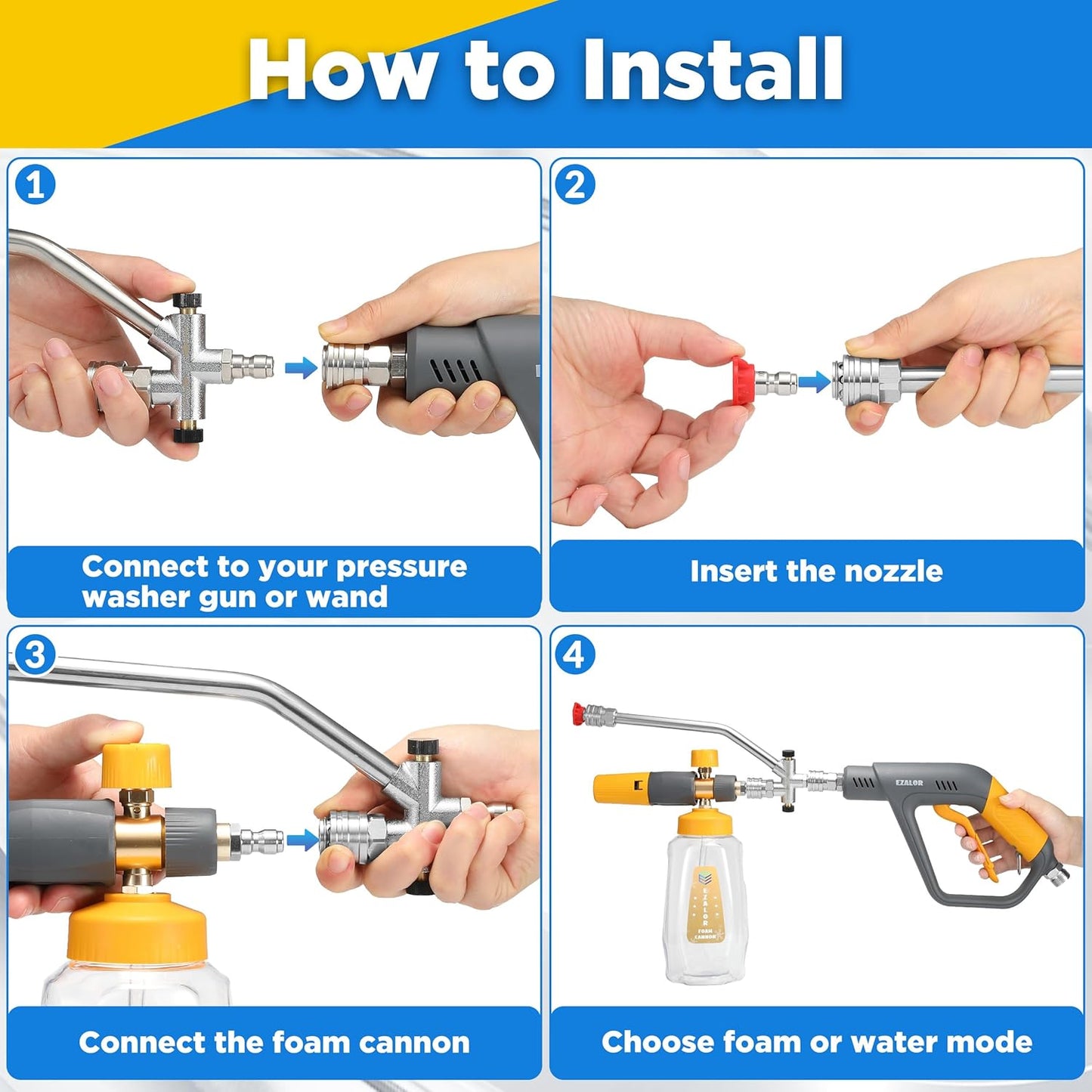 Pressure Washer Foam Cannon Gun Kit with Dual Connector Accessory, Foam Blaster for Car Washing, Double Tip Attachment & 5 Nozzle Tips, 1/4" Quick Connect, 4000 PSI