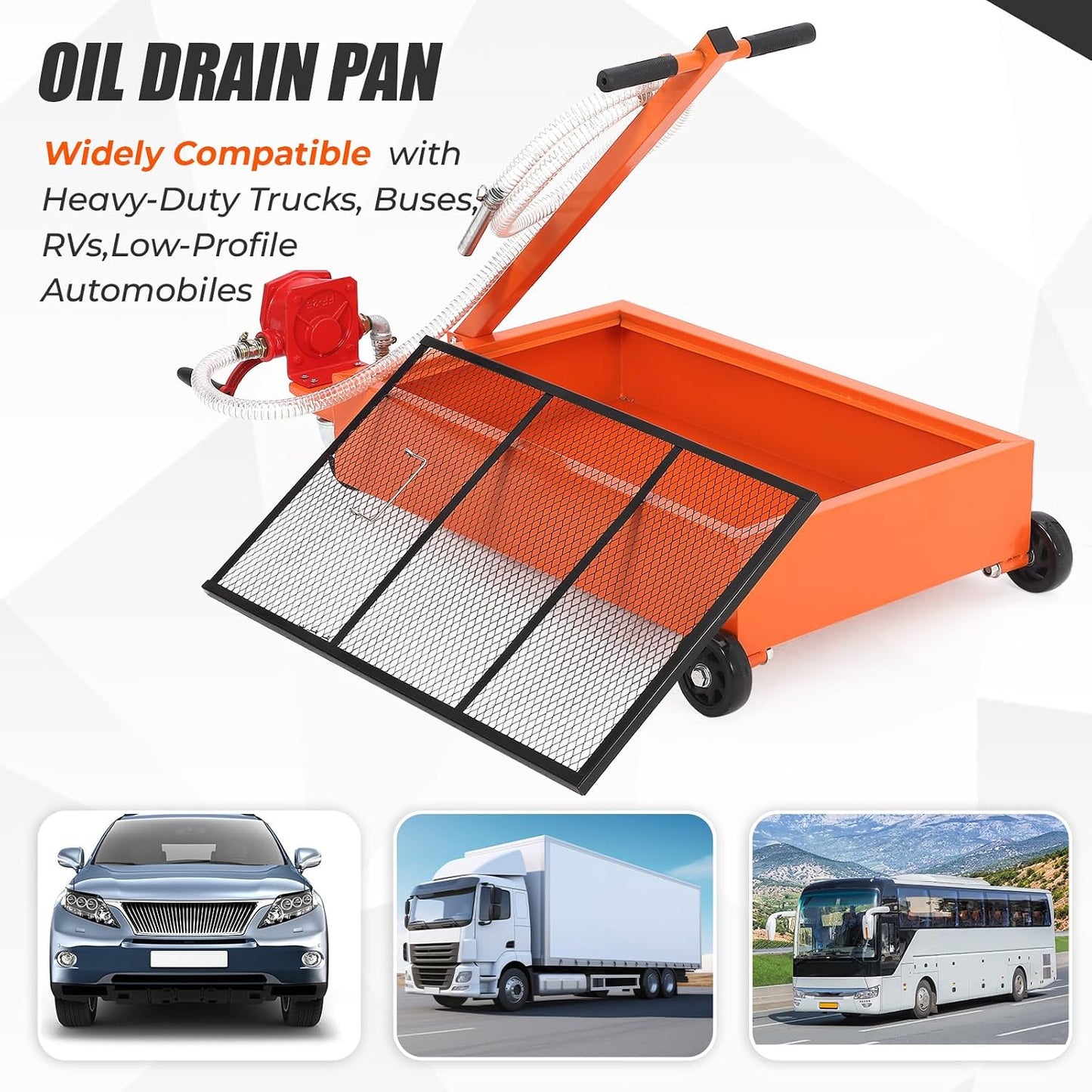 20 Gallon Manual Oil Drain Pan,Low Profile Oil Drain Pan with 110V Electric Pump,76L Oil Change Pan with 8.2ft Hose & Folding Handle, Rolling Oil Drain Cart for Car, SUV, Trucks Oil Draining