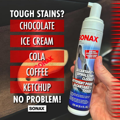 SONAX Upholstery & Alcantara Cleaner Foam | Interior Cleaner for Synthetic Suede, Fabric Seats, Carpet, Door Panels, Headliners & Trim | Removes Dirt, Oils, Stains & Grime Build-Up | 8.45 oz | 250 ml