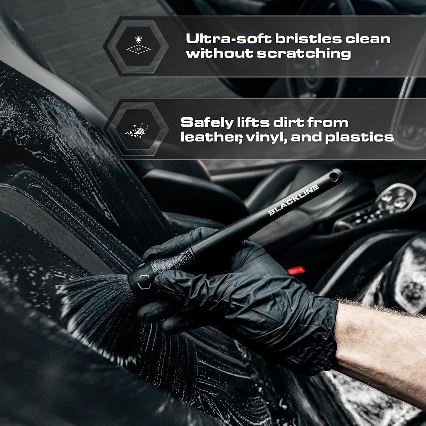Blackline Car Detail Brushes- Luxury Car Detailing Brush Set for Interior and Exterior - Best Auto Detailing Brushes - Premium Car Detailing Brushes (Ultra Soft Bristles)