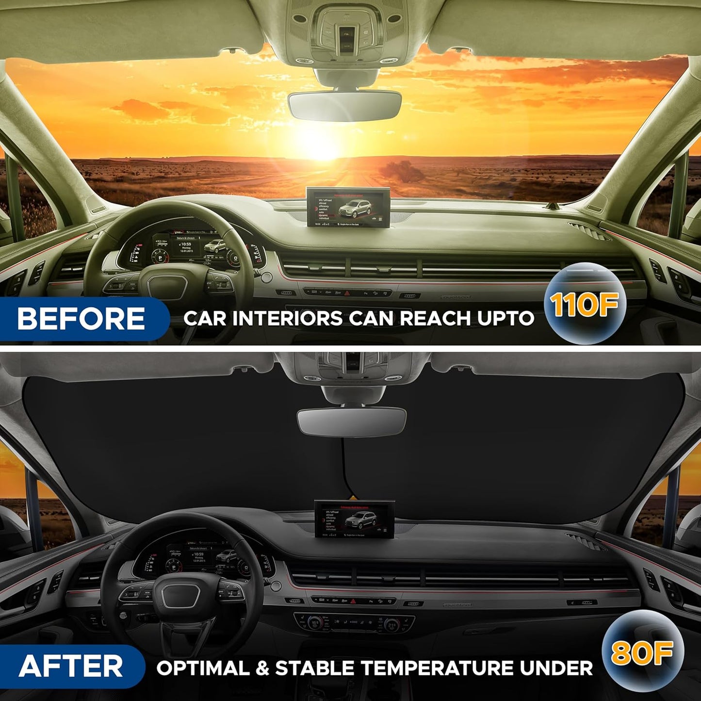 EcoNour 2 Piece Foldable Car Windshield Sun Shade – UV & Heat Protection, Interior Cooling, Durable Upgraded Design, Easy Fold, Front Window Sunshade - Medium (31" L x 28" W)