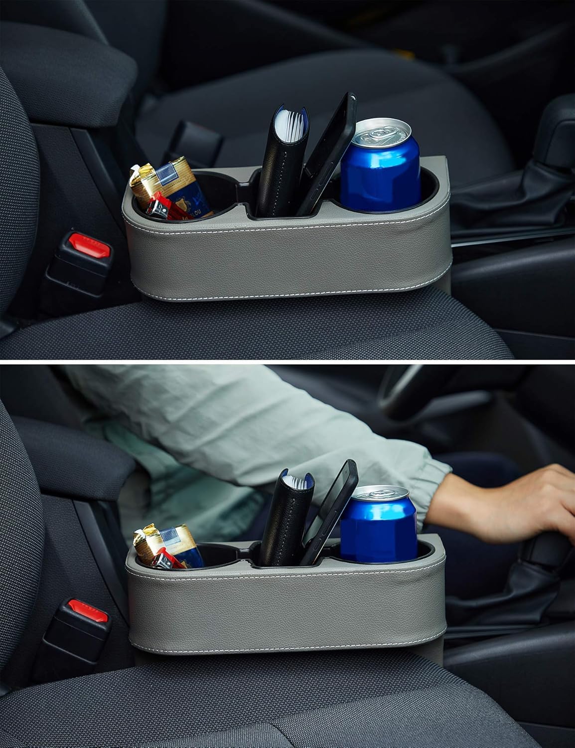 IOKONE Car Cup Holder, Auto Cup Drink Holders，Multifunctional Auto Front Seat Organizer with PU Leather Cover, Gap Filler Storage Box Coin Bucket Console Side Pocket Cell Mobile Phone Holder (Black)