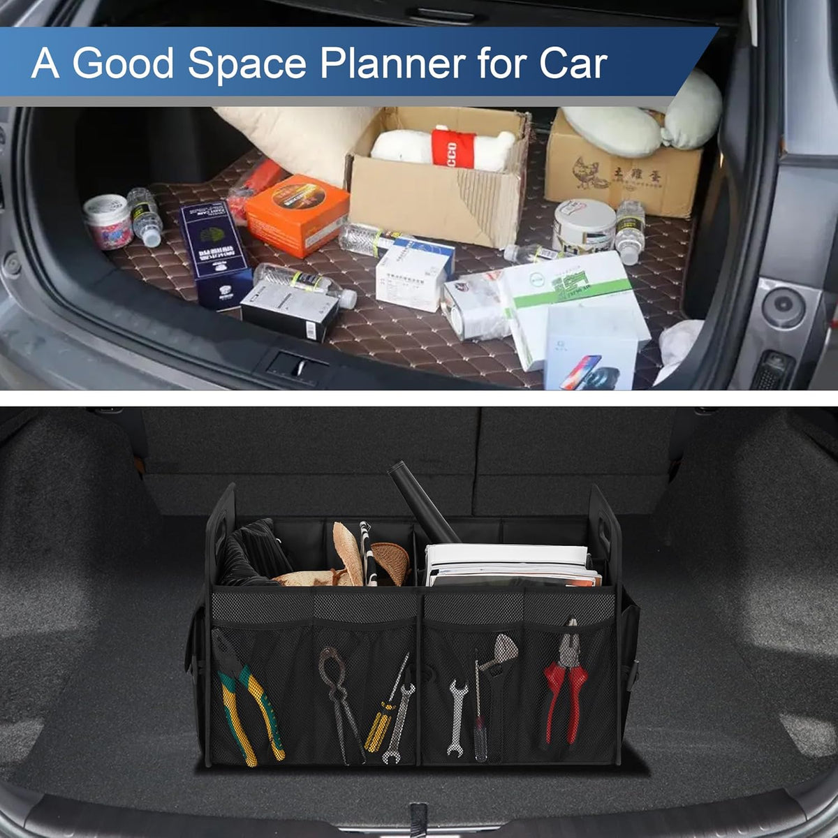 Femuar Car Trunk Organizer with Large Capacity Waterproof Car Accessories for Women & Men, Collapsible Trunk Organizer for Suv/Jeep/Sedan,Tools (Black, Standard)