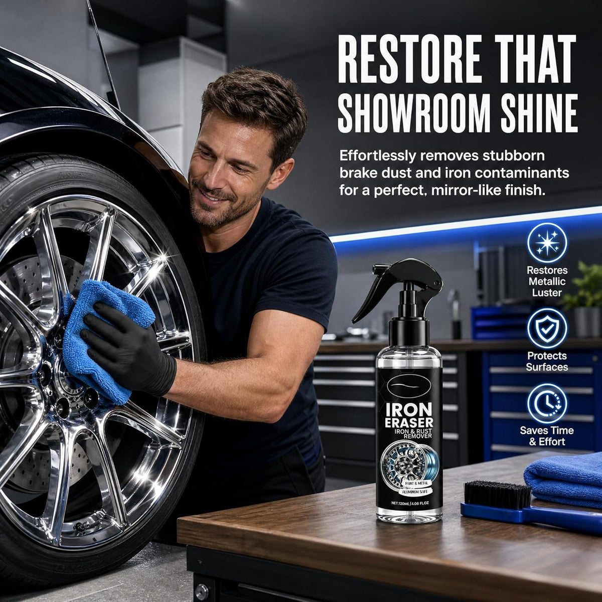 Iron Eraser Rust Remover Spray for Metal,Fast Iron Powder Remover Spray for Car Wheels, Paint & Metal Surfaces (2pcs)