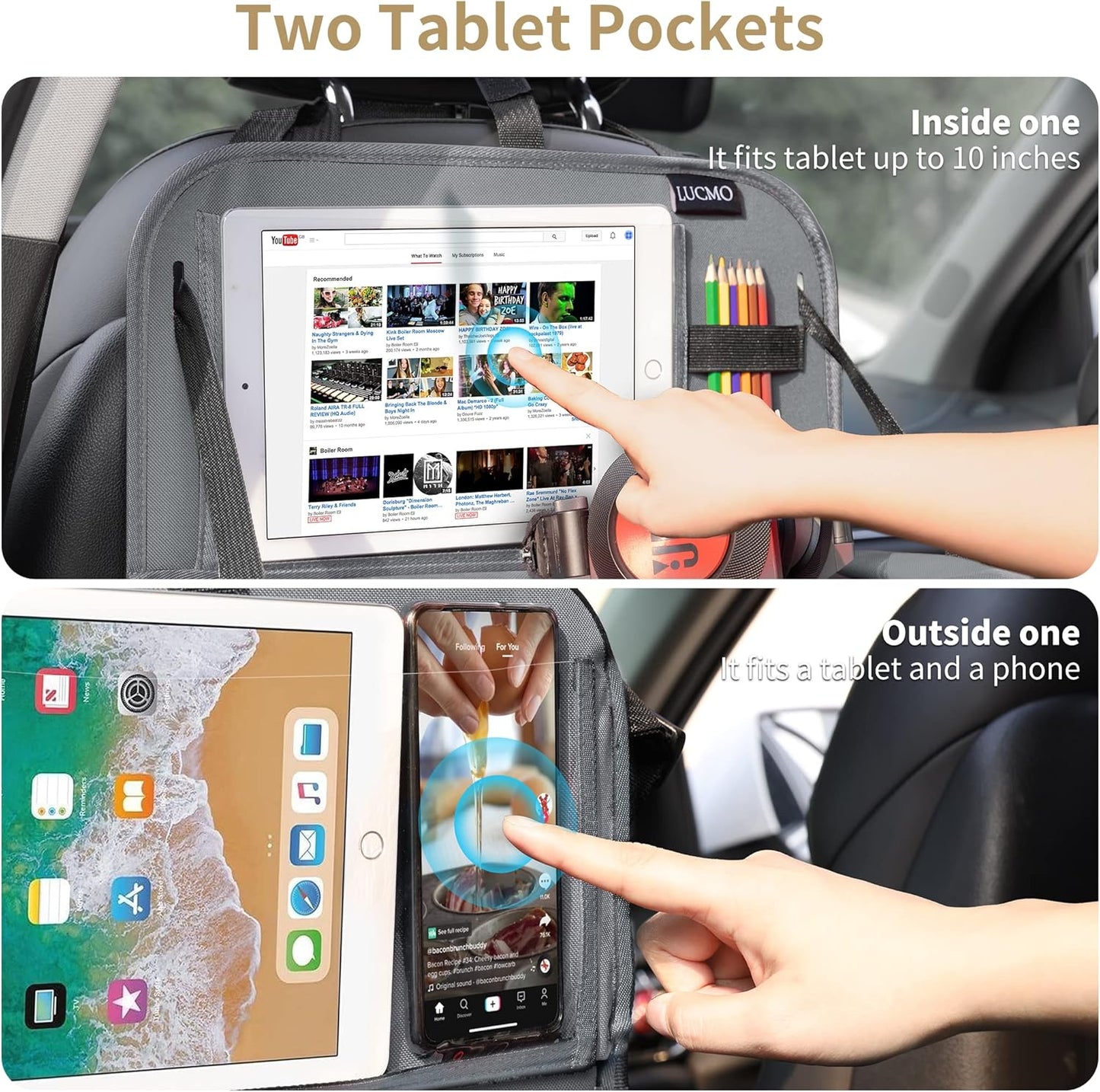 LUCMO Car Backseat Organizer with Tablet Holder,6 Storage Pockets Car Storage Organizer with Foldable Food Tray,Protectors Kick Mats Travel Accessories-Black