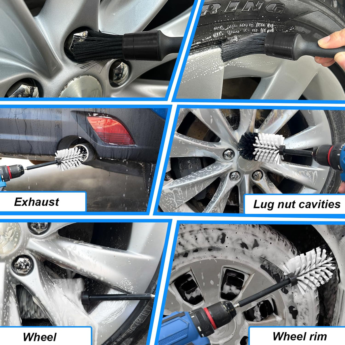 Wheel Brush Kit, Soft Drill Wheel Cleaner Brush, No Scratches Highly Dense Car Cleaning Brush Set for Wheels, Rims, Engines, Exhaust(Red/Black,2Pcs)
