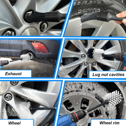 Wheel Brush Kit, Soft Drill Wheel Cleaner Brush, No Scratches Highly Dense Car Cleaning Brush Set for Wheels, Rims, Engines, Exhaust(Red/Black,2Pcs)