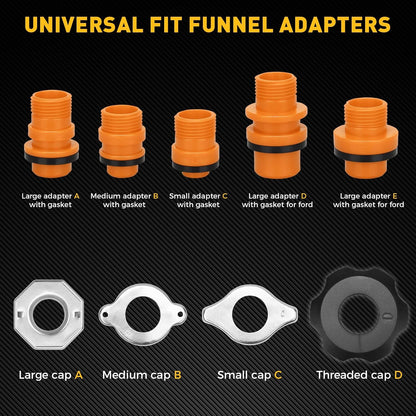 18-Piece No Spill Engine Oil Funnel Kit, 1.59QT/ 1.5L Automotive Coolant Funnel Set, 12 Adapters, Elbow Fitting, Arrow Screen & Magnetic Tray, Compatible with GM, Ford, BMW, Audi, Land Rover Etc