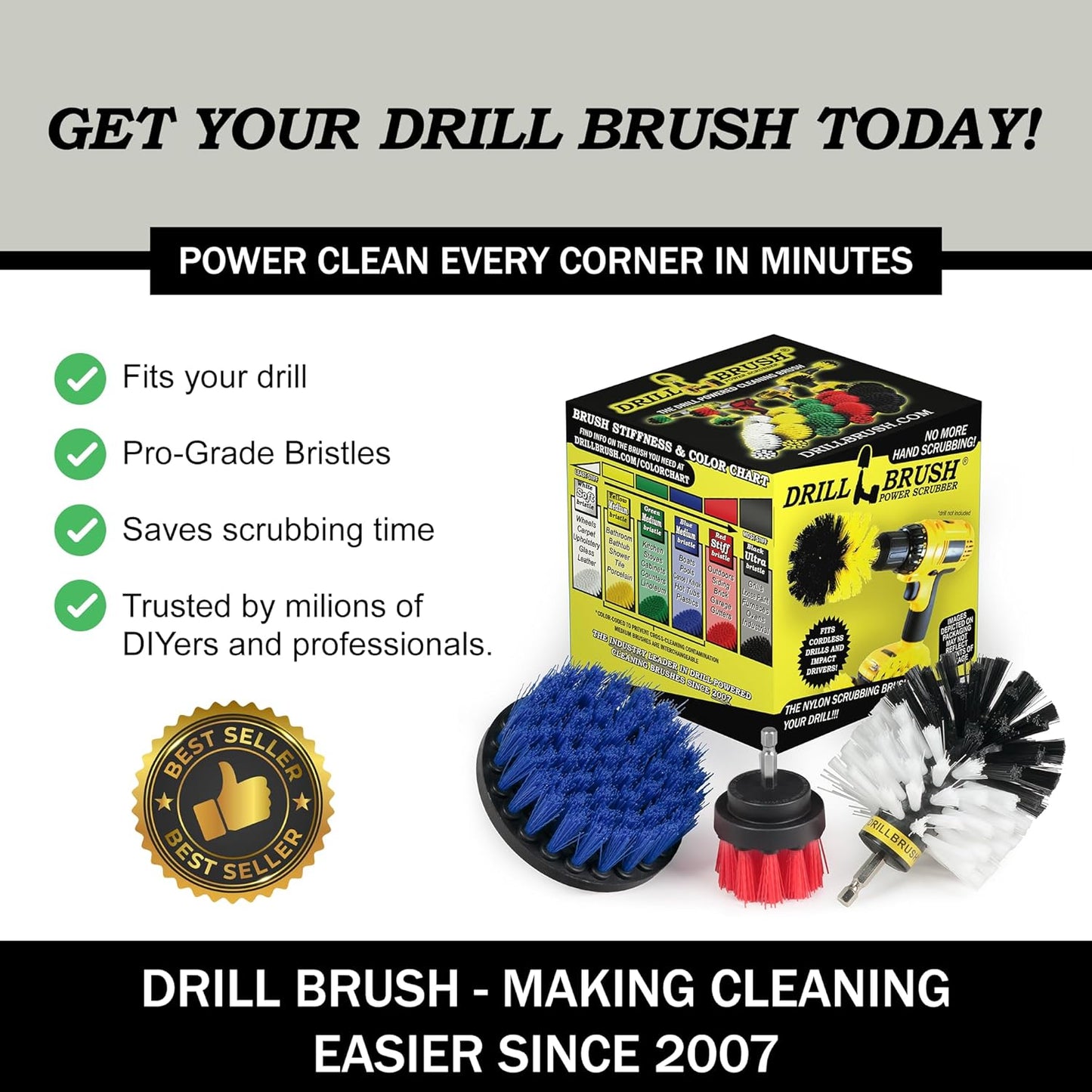 Drillbrush Car Detailing Kit | Drill Brush Set – Soft Bristle Power Scrubber Attachments for Cleaning Car Interior, Upholstery, Carpet, Seats, Wheels, Rims, Dash, Console, and Trim - Nylon Scrub Brush