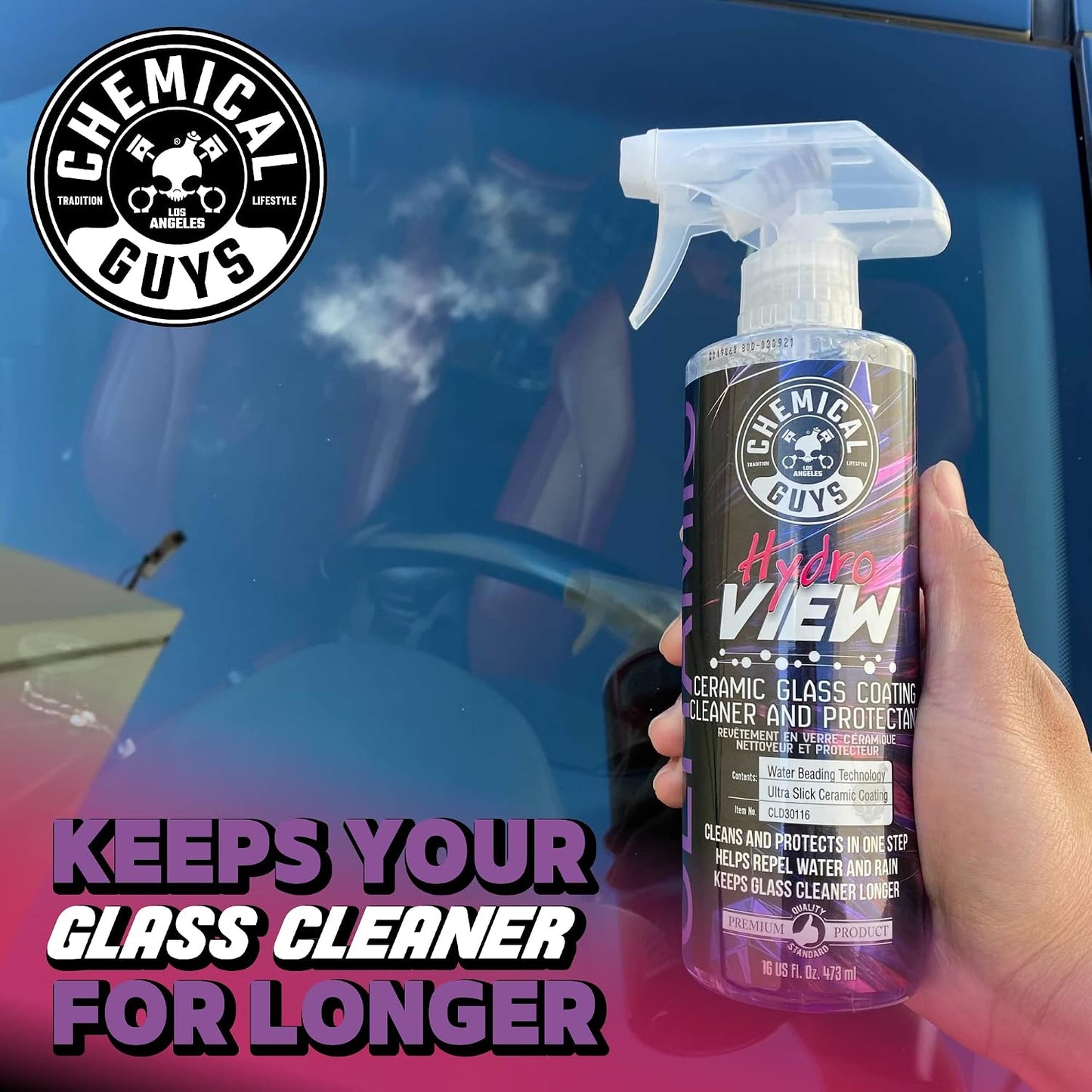 Chemical Guys HydroView Ceramic Glass Cleaner & Coating - Cleans & Adds Hydrophobic Protection, Car Window Cleaner for Glass, and Mirrors, Trucks, SUVs, and Home Use - 16 fl oz