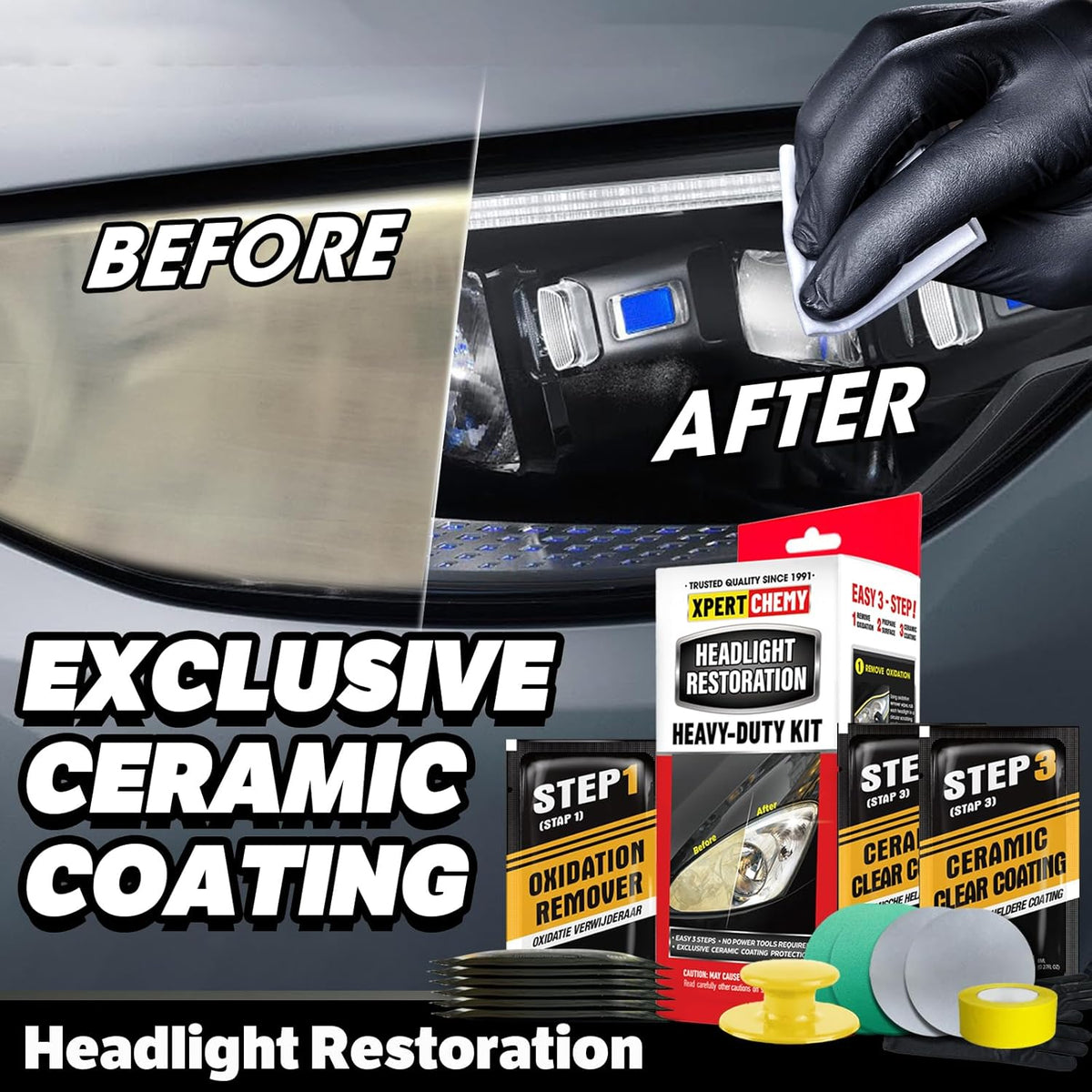 XPERTCHEMY Headlight Restoration Kit-Headlight Cleaner Removing The Heavy-Duty Yellowing, Clouding and Stains, Even Buffs Out Unsightly Hairline Scratches,No Power Tools Needed