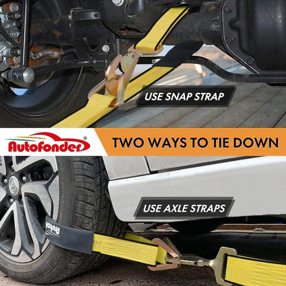 Heavy Duty Adjustable Car Tie Down Kit with Snap Hooks -Break Strength 10,000 lbs-Working Load 3333 lbs-Bonus Includes 4 Pack 36" Axle Straps with D-Ring(Yellow)