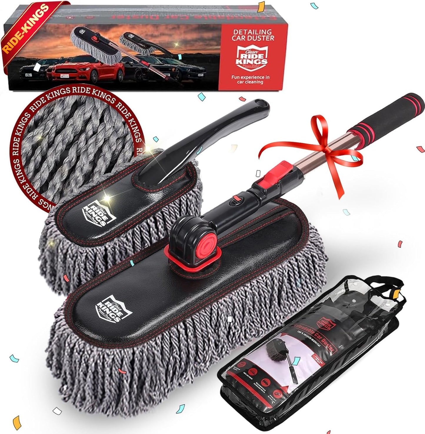 Car Duster Exterior Scratch Free,Car Dust Brush with Extendable Telescoping Handle to Remove Dust Pollen,Duster for Car,Truck,RV and Motorcycle,Large Auto Mop Duster Head, Wax Cotton Hair